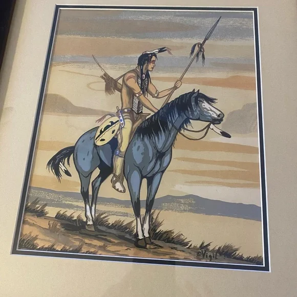 Frank Vigil Navajo American Indian Serigraph Warrior on Mustang 1960’s